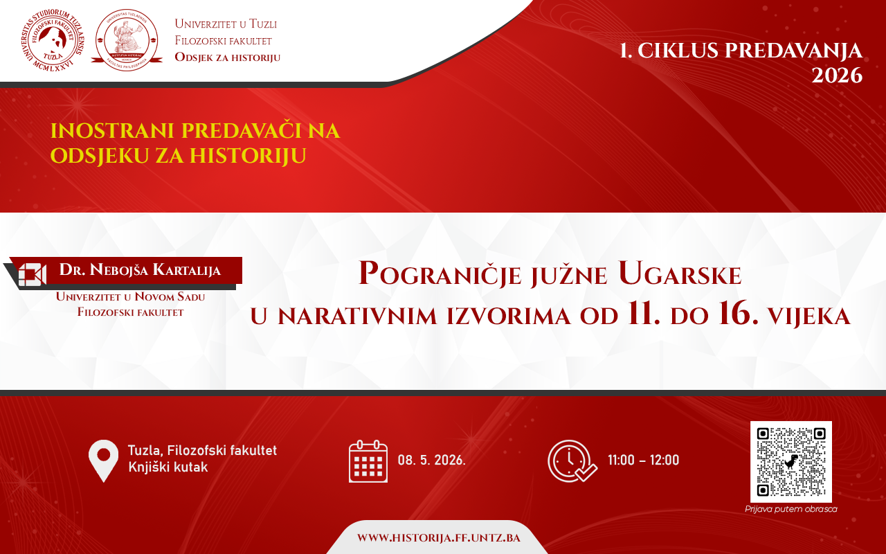 Najava predavanja: Pograničje južne Ugarske u narativnim izvorima od 11. do 16. vijeka (dr. N. Kartalija, Novi Sad)